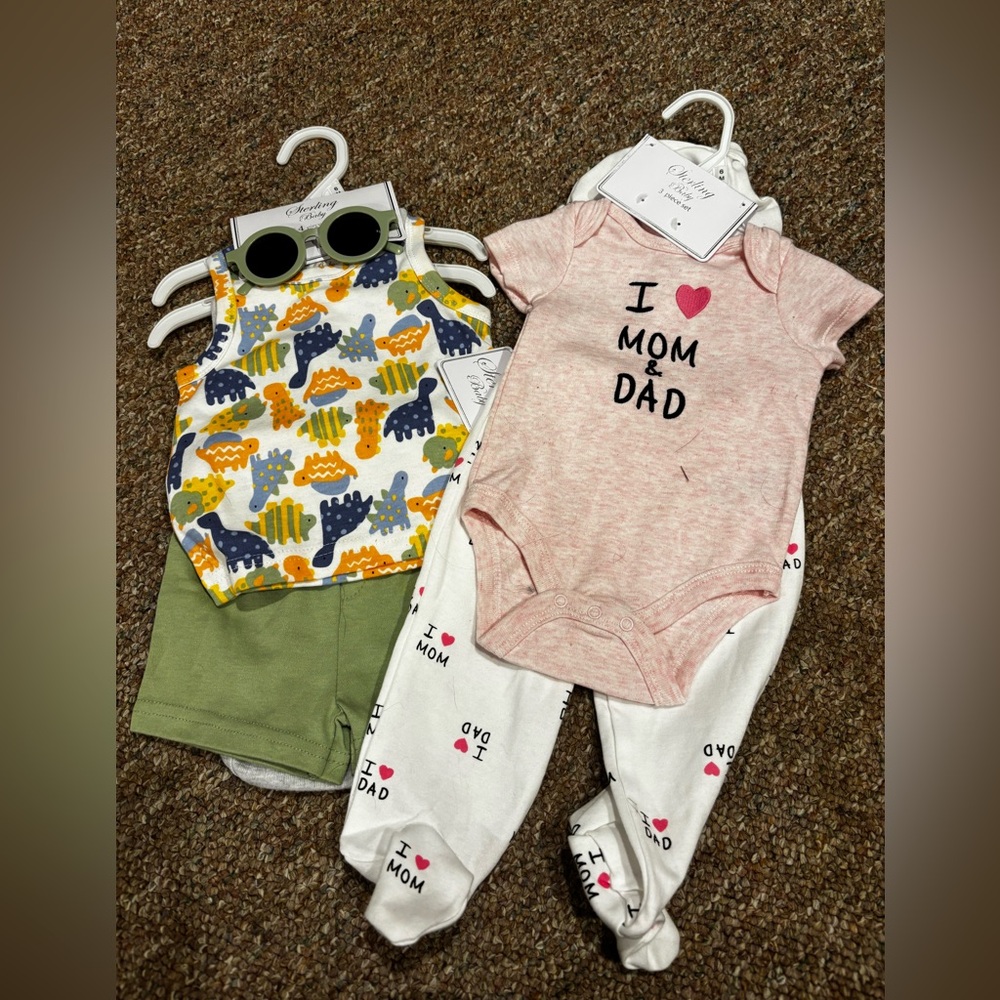 NWT Set of 2, Sterling Baby outfits. One is 3 pieces and one is four pieces.